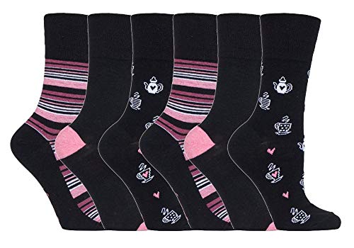 Gentle Grip - 6er Pack Damen Baumwolle Reine Bunt Muster Ohne Gummi Socken mit Design (37-42 EU, GG171 Kettle/Teacups) von Gentle Grip