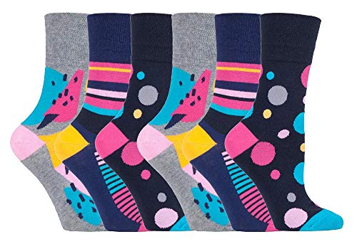 Gentle Grip - 6er Pack Damen Baumwolle Reine Bunt Muster Ohne Gummi Socken mit Design (37-42 EU, GG189) von Gentle Grip