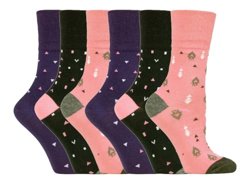 Gentle Grip - 6er Pack Damen Baumwolle Reine Muster Ohne Gummi Socken mit Design 37-42 EU (37-42 EU, GG205) von Gentle Grip