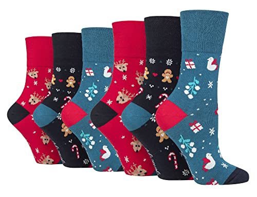 Gentle Grip 6er Pack Damen Weihnachtssocken Bunte | Atmungsaktiv Neuheit Lustige Muster Socken Ohne Gummi | Geschenk Socken (37-42, Blau / rot / grau) von Gentle Grip