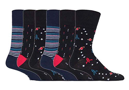 Gentle Grip - 6er pack herren comfort ohne gummi bund mittellang business bunt socken in 35 farben (MGG548 Space/Stars) von Gentle Grip