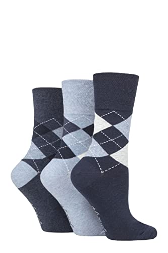 Gentle Grip Damen 3 Paar Baumwollsocken im Argylemuster Argyle Marine/Denim 37-42 von Gentle Grip