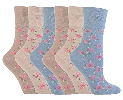 6 Parr Damen Gentle Grips Keine Elastische Socken, 37-42 eur blumen- Socken (Blau & Beige GG46) von Gentle Grip