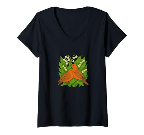 Damen Trauertauben und Maiglöckchen, Frühlingsromantik T-Shirt mit V-Ausschnitt Damen Trauertauben und Maiglöckchen, Frühlingsromantik T-Shirt mit V-Ausschnitt von Gentle Grove Botanicals Art