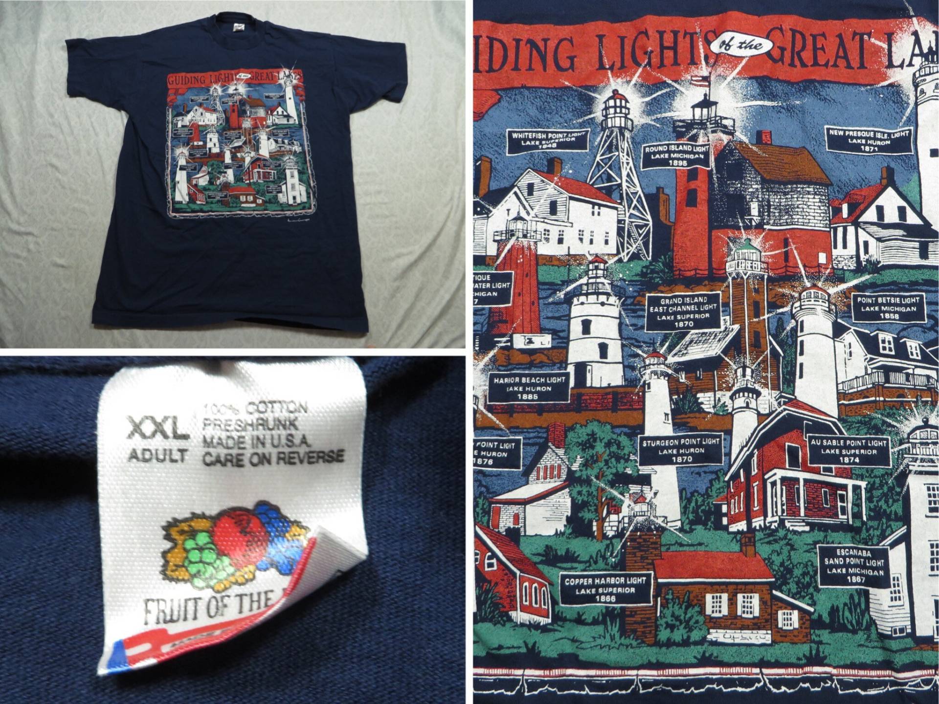 Vintage Leuchttürme T-Shirt Blau Great Lakes Fruit Of The Loom 90Er Herren Xxl 2Xl Made in Usa von GentlyUsedGoods