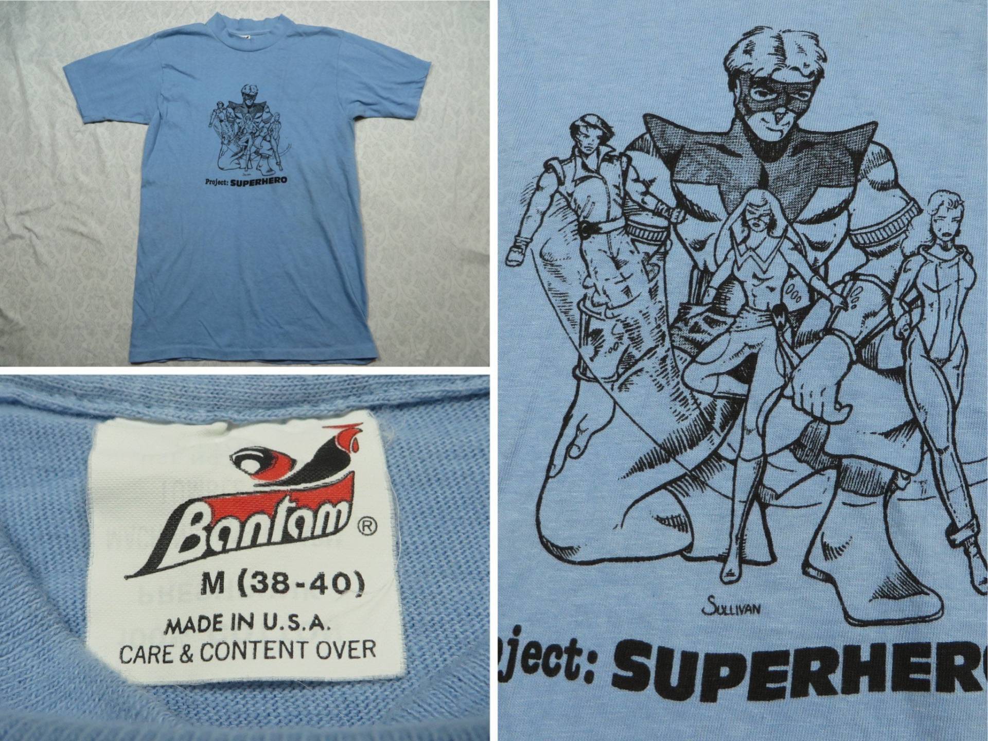Vintage Project Superhero T-Shirt Blue Bantam Sullivan 80Er Herren Medium Passt Wie Small Made in Usa von GentlyUsedGoods