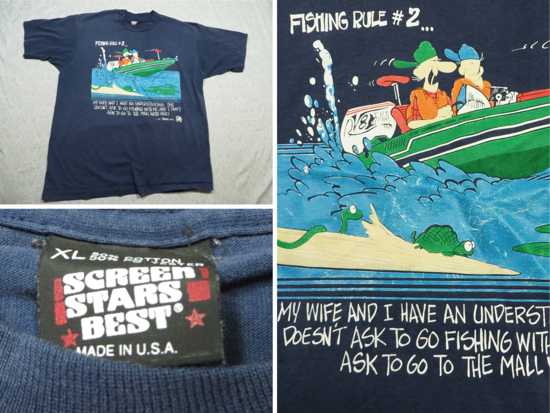Vintage Witz Angeln T-Shirt Blau Fishing Rule Screen Stars Best 90Er Herren Xl Made in Usa von GentlyUsedGoods