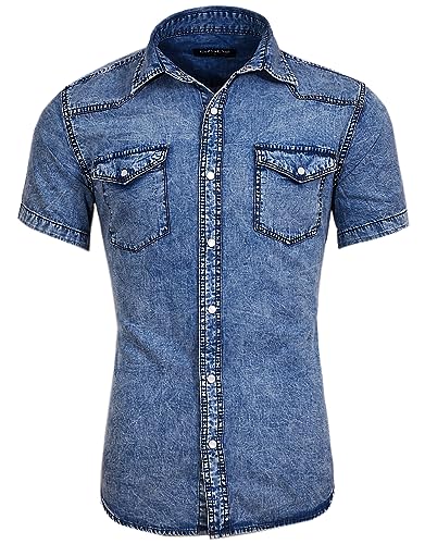 Herren-Jeanshemd, kurzärmelig, Doppeltasche, Druckknopfverschluss, Indigo Snow, XL Herren-Jeanshemd, kurzärmelig, Doppeltasche, Druckknopfverschluss, Indigo Snow, XL von GenyuGhui