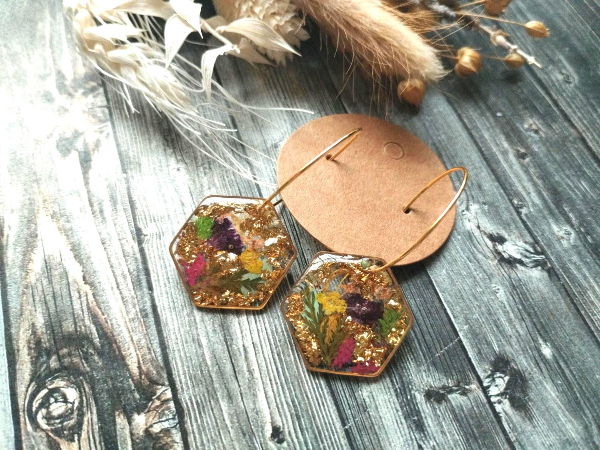 1x Paar Ohrhänger Creolen Aus Kunstharz, Edelstahl, Blattmetall Und Echten Blüten Blätter, Handmade & Diy von GeoJewelryBySilvi