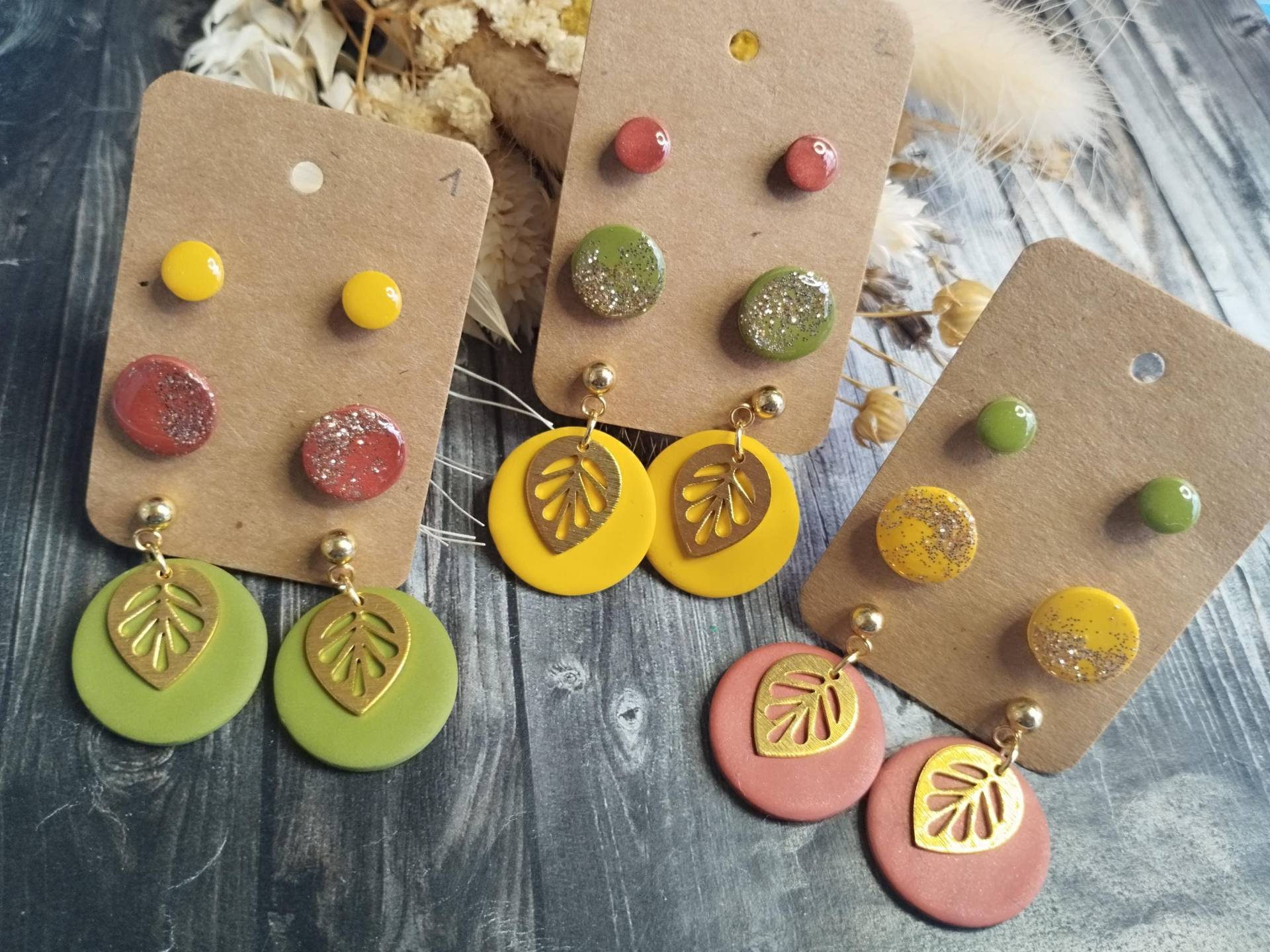 3Er Set Ohrringe Der Kollektion "Alma" Aus Polymerton/-Clay, Edelstahl Und Blattmetall, Handmade & Diy von GeoJewelryBySilvi