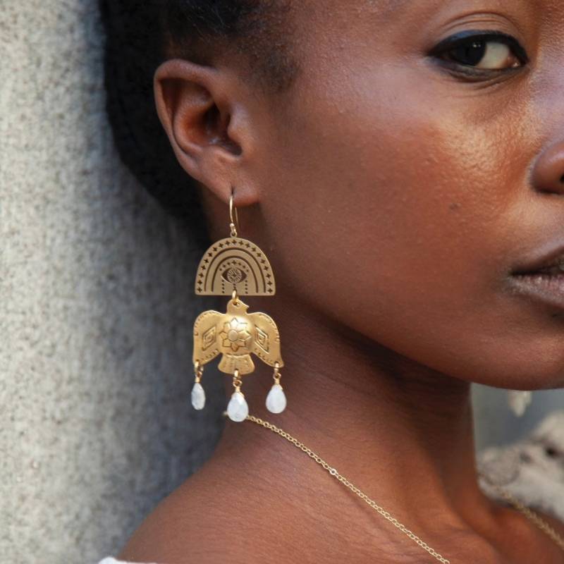 Freie Vogel Ohrringe ~ Mondstein Statement Südwestlichen Bogen Böses Auge & Teardrop Edelsteine Franse Messing Baumelt von GeoMetricGem