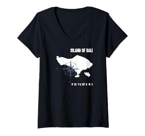 Damen Bali Insel Umriss mit Kompass & Koordinaten – Reise Design T-Shirt mit V-Ausschnitt Damen Bali Insel Umriss mit Kompass & Koordinaten – Reise Design T-Shirt mit V-Ausschnitt von Geografisches Bali Motiv mit Navigationssymbolik
