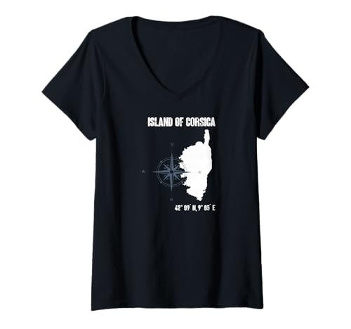 Damen Korsika Umriss mit Koordinaten und Kompass Grafik T-Shirt mit V-Ausschnitt Damen Korsika Umriss mit Koordinaten und Kompass Grafik T-Shirt mit V-Ausschnitt von Geografisches Inselmotiv für Reisefans
