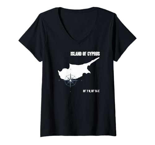 Damen Zypern Insel Umriss mit Kompass und Koordinaten Grafik T-Shirt mit V-Ausschnitt Damen Zypern Insel Umriss mit Kompass und Koordinaten Grafik T-Shirt mit V-Ausschnitt von Geografisches Reisedesign mit Mittelmeer-Inselmoti
