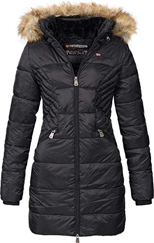 Geographical Norway Abeille - Damen großer Parka - Warmer Wintermantel - Lange Ärmel und Kragen aus Kunstfell - winterjacke winterparka (Schwarz XXL) von Geographical Norway