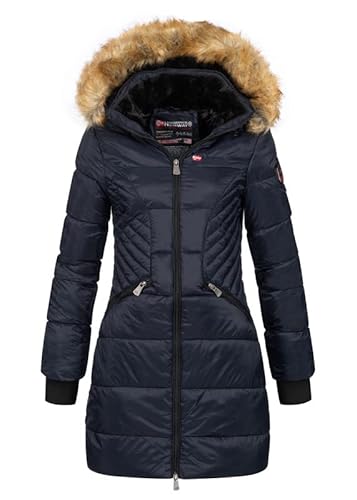 Geographical Norway Abeille - Damen großer Parka - Warmer Wintermantel - Lange Ärmel und Kragen aus Kunstfell - winterjacke winterparka (Marineblau S) von Geographical Norway