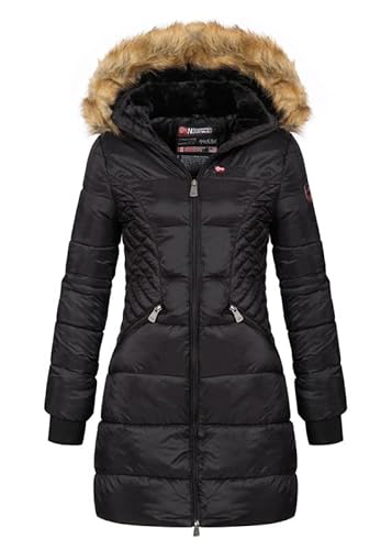 Geographical Norway Abeille - Damen großer Parka - Warmer Wintermantel - Lange Ärmel und Kragen aus Kunstfell - winterjacke winterparka (Schwarz S) von Geographical Norway