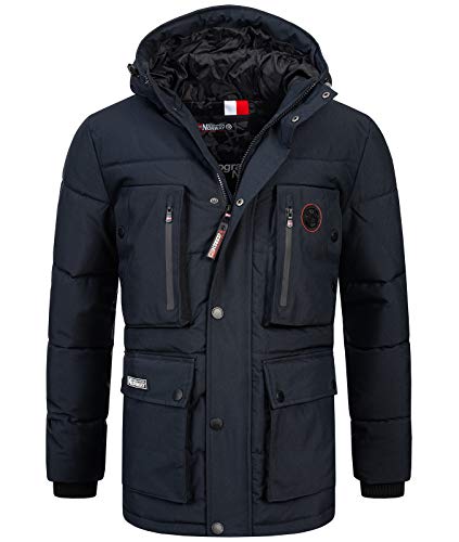 Geographical Norway Herren Winterjacke Parka Jacke Kapuze Hoodstrings Chest, Pocket & Sleeve Patch, Navy blau, Gr:L von Geographical Norway