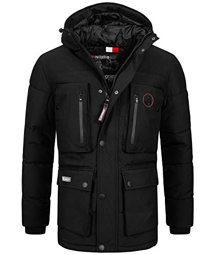 Geographical Norway Herren Winterjacke Parka Jacke Kapuze Hoodstrings Chest, Pocket & Sleeve Patch, schwarz, Gr:S von Geographical Norway