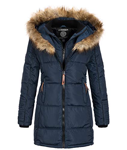 Geographical Norway Beautiful Lady - Warm Mid Thick Parka Frauen Herbst Winter - Fin Mantel Kapuze Pelz - Jacke Windschnitt Daunenjacke Long - Ideal Geschenk Elegant Fraus (Marine M-Größe 2) von Geographical Norway