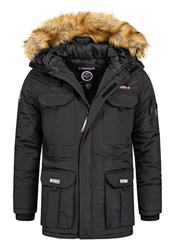 Geographical Norway Bottle Men – warmer Herrenparka wasserdicht – dicker Mantel mit Kapuze aus Kunstfell – warme Jacke, winddicht, Winter, Außenjacke für Herren (Schwarz, S) von Geographical Norway