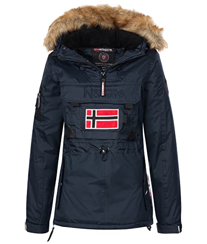 Geographical Norway Bulle Lady - Kopfpass Heiße Frau Herbst Bienenzüchter - Pelzmantel Kapuze - Parka Jacke Windschnitt Kurze Daunenjacke - Ski Fraus (Marine S-Größe 1) von Geographical Norway