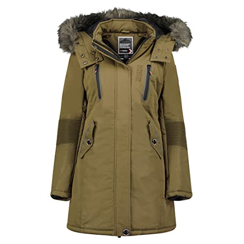 Geographical Norway Coraly Lady - Warmer Halbdicker Parka Frau Herbst Winter - Feiner Mantel Kapuze Und Kunstpelz - Windjacke Daunenjacke Lang - Ideal Geschenk Frauen (khaki L-Größe 3) von Geographical Norway