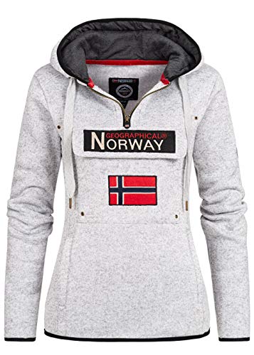 Geographical Norway Damen Half Zip Hoodie Kapuzenpullover Sweater Brusttasche Embro Känguru Pocket Sleeve Rupper Patch, White, Gr:XL von Geographical Norway