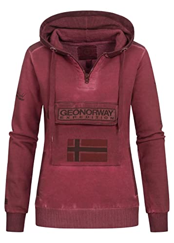 Geographical Norway Damen Hoodie Gymclass Washed Look Chestpocket Half Zip Hoodstrings Patches & Embros, Burgundy, Gr:L von Geographical Norway