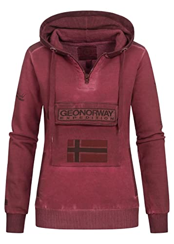 Geographical Norway Damen Hoodie Gymclass Washed Look Chestpocket Half Zip Hoodstrings Patches & Embros, Burgundy, Gr:M von Geographical Norway