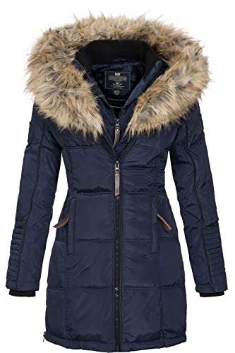 Geographical Norway BEAUTIFUL LADY - Warme Damen Parka - Mantel mit Kunstpelz Kapuze - Winter Wind Jacke - Lange Jacke winterjacke - Damen Geschenk (Navy S) von Geographical Norway