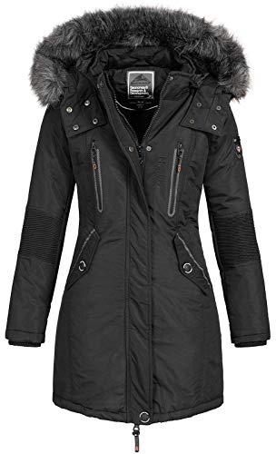 Geographical Norway Coraly Lady - Warmer Halbdicker Parka Frau Herbst Winter - Feiner Mantel Kapuze Und Kunstpelz - Windjacke Daunenjacke Lang - Ideal Geschenk Frauen (Schwarz XL-Größe 4) von Geographical Norway
