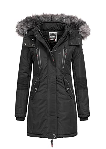 Geographical Norway Coraly Lady - Warmer Halbdicker Parka Frau Herbst Winter - Feiner Mantel Kapuze Und Kunstpelz - Windjacke Daunenjacke Lang - Ideal Geschenk Frauen (Schwarz XXL-Größe 5) von Geographical Norway