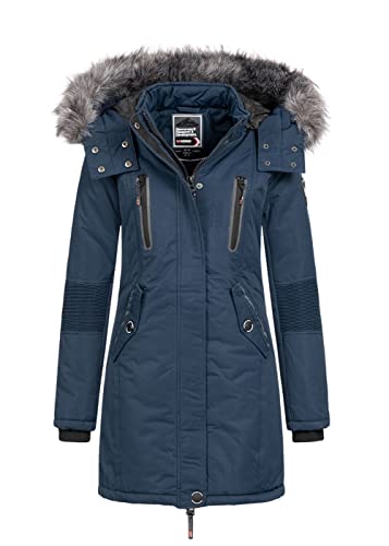 Geographical Norway Coraly Lady - Warmer Halbdicker Parka Frau Herbst Winter - Feiner Mantel Kapuze Und Kunstpelz - Windjacke Daunenjacke Lang - Ideal Geschenk Frauen (Marine S-Größe 1) von Geographical Norway