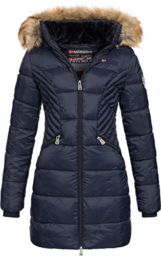 Geographical Norway ABEILLE - Damen großer Parka - Warmer Wintermantel - Lange Ärmel und Kragen aus Kunstfell - winterjacke winterparka (MARINE M) von Geographical Norway