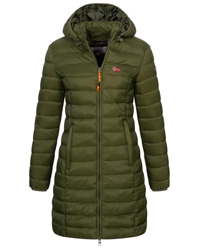 Geographical Norway Damen Winter Jacke Steppjacke Parka Lange Kapuzenjacke Steppmantel Outdoor abnehmbare Kapuze, Farbe:Olive, Größe:M (38) von Geographical Norway