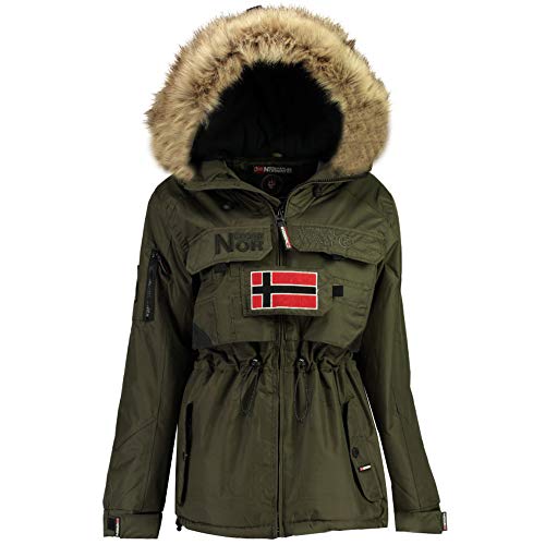 Geographical Norway Damen Winterjacke Bellaciao Parka Jacke Kapuze Webpelz abnb. Skijacke Embro & Patches, kaki, Gr:XL von Geographical Norway