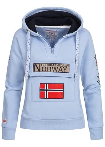 Geographical Norway Damen Hoodie Gymclass Sweater Zip-Kragen Brusttasche Stickerei Kängurutaschen, Sky Blue, Gr:XL von Geographical Norway