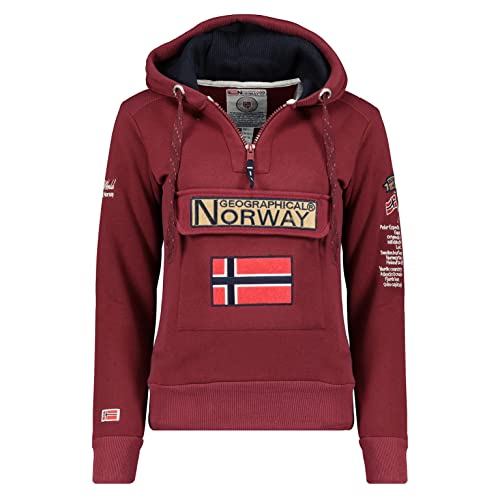 Geographical Norway Damen Hoodie Gymclass Sweater Zip-Kragen Brusttasche Stickerei Kängurutaschen, Burgundy, Gr:M von Geographical Norway