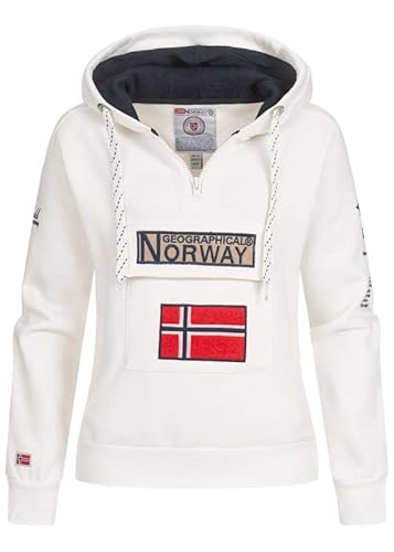 Geographical Norway Damen Hoodie Gymclass Sweater Zip-Kragen Brusttasche Stickerei Kängurutaschen, White, Gr:L von Geographical Norway