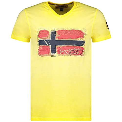 Geographical Norway JOASIS Herren T-Shirt Baumwolle Casual – T-Shirt Bedruckt Logo Grafik – Kurze Ärmel – V-Ausschnitt Regular Fit Herren (Hellgelb, XL) von Geographical Norway