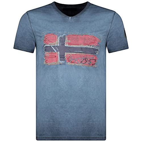 Geographical Norway JOASIS Herren T-Shirt Baumwolle Casual – T-Shirt Bedruckt Logo Grafik – Kurze Ärmel – V-Ausschnitt Regular Fit Herren (Marine, 3XL) von Geographical Norway