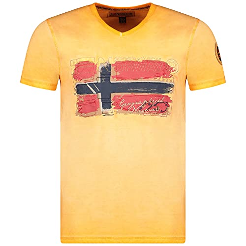 Geographical Norway JOASIS Herren T-Shirt Baumwolle Casual – T-Shirt Bedruckt Logo Grafik – Kurze Ärmel – V-Ausschnitt Regular Fit Herren (Orange, L) von Geographical Norway