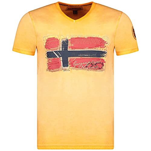 Geographical Norway JOASIS Herren T-Shirt Baumwolle Casual – T-Shirt Bedruckt Logo Grafik – Kurze Ärmel – V-Ausschnitt Regular Fit Herren (Orange, L) von Geographical Norway