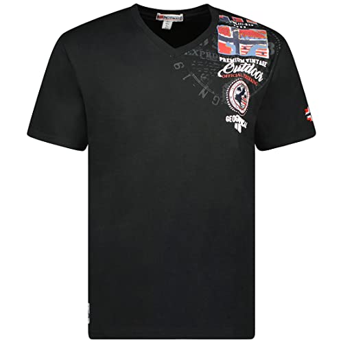 Geographical Norway JOTHAM Herren T-Shirt Baumwolle T-Shirt Classic T-Shirt mit Logo – Kurzarm – V-Ausschnitt Regular Fit Herren Basic (Schwarz, XL) von Geographical Norway
