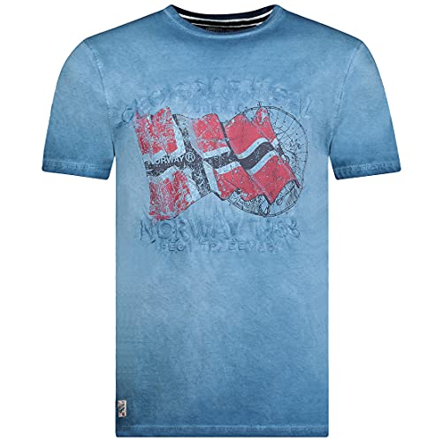 Geographical Norway Japoral Men T-Shirt aus Baumwolle – T-Shirt mit klassischem Logo – Kurzarm – Rundhalsausschnitt – Lässige Passform (Blau, L) von Geographical Norway