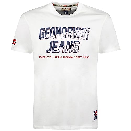 Geographical Norway Jasper Men - Herren T-Shirt Baumwolle - T Shirts Klassischer Sommer - Körperbekleidung Kurzer Ärmel V-Ausschnitt Regulärer Schnitt (Weiß XXL) von Geographical Norway