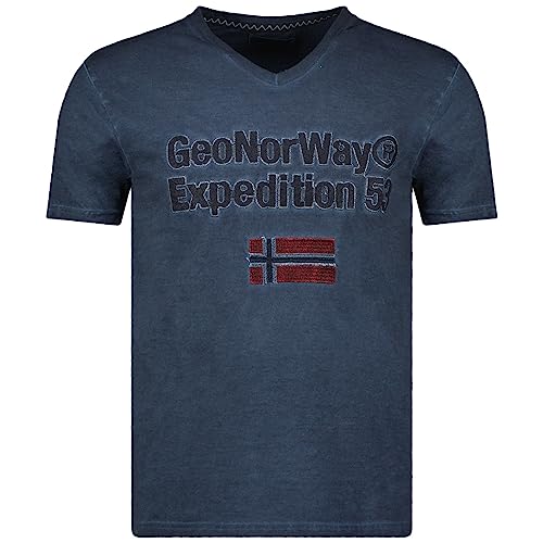 Geographical Norway Jermanito Men - Herren T-Shirt Baumwolle - T Shirts Klassischer Sommer - Körperbekleidung Kurzer Ärmel V-Ausschnitt Regulärer Schnitt (Marineblau S) von Geographical Norway