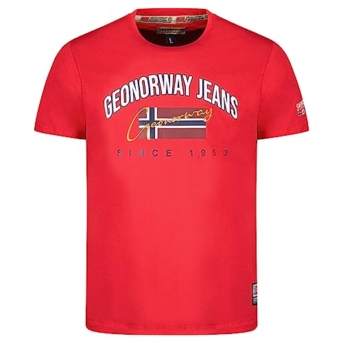 Geographical Norway Jhagen Men - Herren T-Shirt Baumwolle - T Shirts Klassischer Sommer - Körperbekleidung Kurzer Ärmel V-Ausschnitt Regulärer Schnitt (Rot M) von Geographical Norway