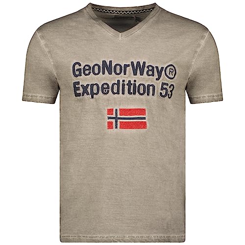 Geographical Norway Jimdo Men - Herren T-Shirt Baumwolle - T Shirts Klassischer Sommer - Körperbekleidung Kurzer Ärmel V-Ausschnitt Regulärer Schnitt (Khaki S) von Geographical Norway